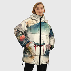 Куртка зимняя женская Японский пейзаж - акварель, цвет: 3D-черный — фото 2