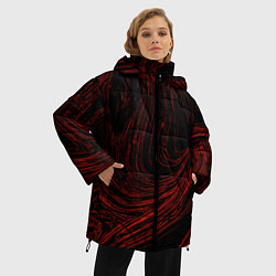 Куртка зимняя женская Абстракция красные кривые линии на черном, цвет: 3D-светло-серый — фото 2