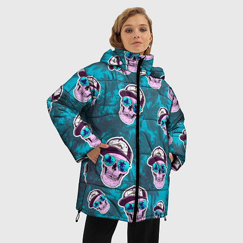 Женская зимняя куртка Черепа в очках и пальмы / 3D-Светло-серый – фото 3