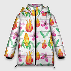 Куртка зимняя женская Кукуруза и цветочки, цвет: 3D-красный
