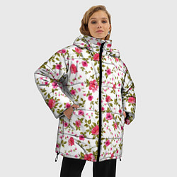 Куртка зимняя женская Розовые цветы на белом фоне, цвет: 3D-красный — фото 2