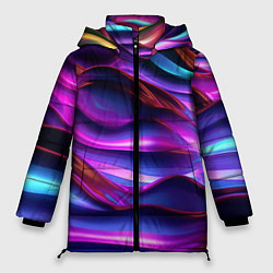 Куртка зимняя женская Неоновые синие и фиолетовые волны, цвет: 3D-черный