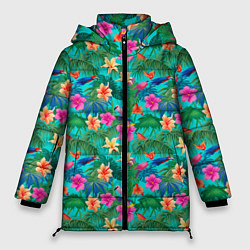 Куртка зимняя женская Разные цветочки на зеленом фоне, цвет: 3D-черный