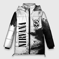 Куртка зимняя женская Nirvana и рок символ на светлом фоне, цвет: 3D-черный
