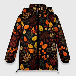 Куртка зимняя женская Осенние листья на черном фоне, цвет: 3D-светло-серый