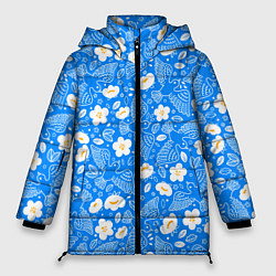 Куртка зимняя женская Белые птицы голуби и цветы яблони на синем фоне не, цвет: 3D-красный