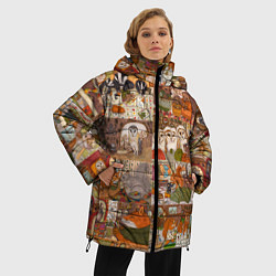 Куртка зимняя женская Коллаж из сказочных зверей - совы, белки, ёжики, цвет: 3D-черный — фото 2