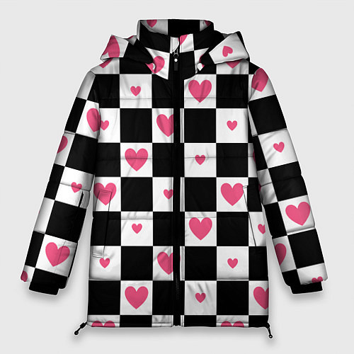 Женская зимняя куртка Розовые сердечки на фоне шахматной черно-белой дос / 3D-Светло-серый – фото 1