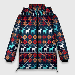 Куртка зимняя женская Новогодние олени и снежинки узор, цвет: 3D-светло-серый