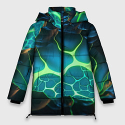 Куртка зимняя женская Разлом синих и зеленых неоновых плит, цвет: 3D-черный