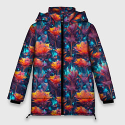 Куртка зимняя женская Футуристические цветы узор, цвет: 3D-черный