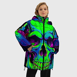 Куртка зимняя женская Ярко кислотный череп в наушниках, цвет: 3D-черный — фото 2