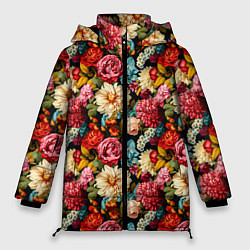 Куртка зимняя женская Узор из роз и разных цветов, цвет: 3D-черный