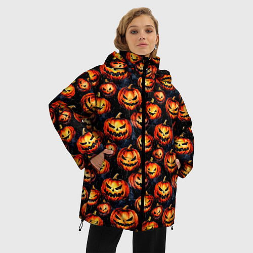 Женская зимняя куртка Весёлые тыквы на Хеллоуин паттерн / 3D-Красный – фото 3