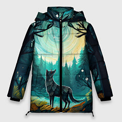 Куртка зимняя женская Волк в ночном лесу фолк-арт, цвет: 3D-красный