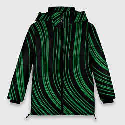 Куртка зимняя женская Абстракция зелёные линии на чёрном, цвет: 3D-черный