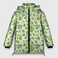 Куртка зимняя женская Акварельные листья с узором, цвет: 3D-черный