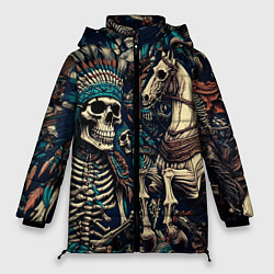 Куртка зимняя женская Татуировка скелета индейца и ковбоя в техасе, цвет: 3D-черный