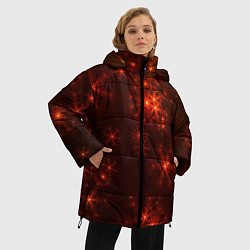 Куртка зимняя женская Абстрактные светящиеся красно оранжевые снежинки, цвет: 3D-светло-серый — фото 2