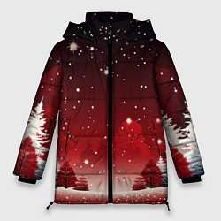 Куртка зимняя женская Зимний берег реки с деревьями и льдом, цвет: 3D-красный