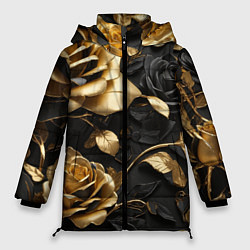 Куртка зимняя женская Металлические розы золотые и черные, цвет: 3D-черный