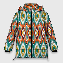 Куртка зимняя женская Орнамент икат - имитация аткласной ткани, цвет: 3D-черный