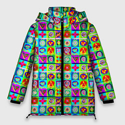 Куртка зимняя женская Сердца и квадраты абстракция, цвет: 3D-черный