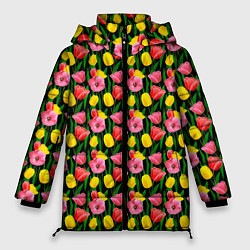 Куртка зимняя женская Разноцветные тюльпаны, цвет: 3D-красный