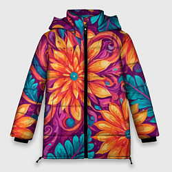 Куртка зимняя женская Цветы и листья узор, цвет: 3D-светло-серый