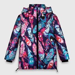 Куртка зимняя женская Экзотические перья разноцветные, цвет: 3D-светло-серый