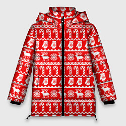 Куртка зимняя женская Новогодний узор с оленями и снежинками, цвет: 3D-красный