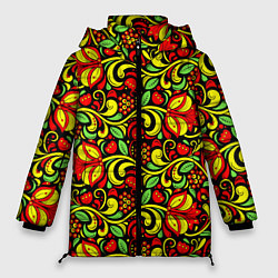 Куртка зимняя женская Хохломская роспись красные цветы и ягоды, цвет: 3D-красный