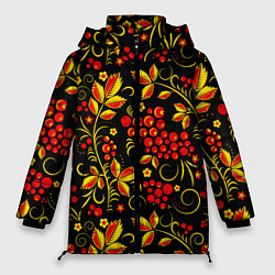 Куртка зимняя женская Хохломская роспись золотистые листья чёрном фоне, цвет: 3D-светло-серый