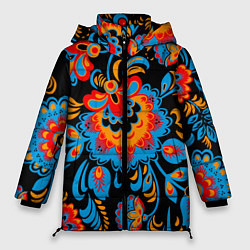 Женская зимняя куртка Хохломская роспись разноцветные цветы на чёроном ф