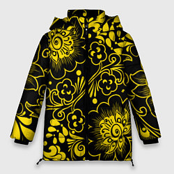 Куртка зимняя женская Хохломская роспись золотые цветы на чёроном фоне, цвет: 3D-черный