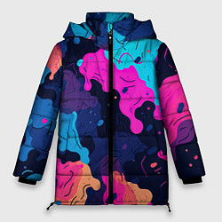 Куртка зимняя женская Яркие кислотные разноцветные пятна в виде камуфляж, цвет: 3D-красный