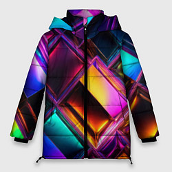 Куртка зимняя женская Цветные стеклянные блоки - неоновый геометричный у, цвет: 3D-черный