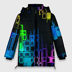 Куртка зимняя женская Разноцветные прямоугольники на чёрном фоне, цвет: 3D-черный