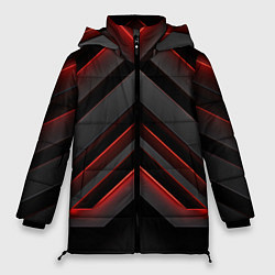 Куртка зимняя женская Красные яркие неоновые полосы на черной абстракции, цвет: 3D-черный