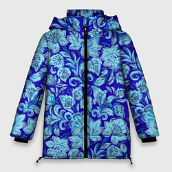 Куртка зимняя женская Узоры гжель на темно синем фоне, цвет: 3D-черный