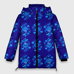Куртка зимняя женская Узоры гжель на синем фоне, цвет: 3D-светло-серый
