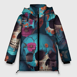 Куртка зимняя женская Черепа с цветами синие, цвет: 3D-черный