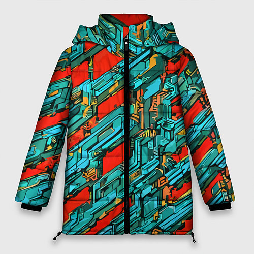 Женская зимняя куртка Голубые фрагменты на красном фоне / 3D-Светло-серый – фото 1