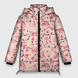 Куртка зимняя женская Розовый паттерн с цветами и котиками, цвет: 3D-черный