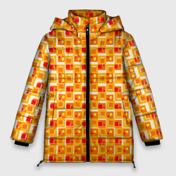Куртка зимняя женская Жёлтые и красные квадраты на белом фоне, цвет: 3D-черный