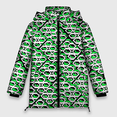 Женская зимняя куртка Зелёно-белый узор на чёрном фоне / 3D-Светло-серый – фото 1