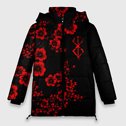 Куртка зимняя женская Клеймо жертвы из аниме Берсерк - красные цветы, цвет: 3D-черный