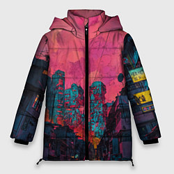 Куртка зимняя женская Абстрактный город в неоновых цветах, цвет: 3D-красный