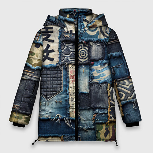 Женская зимняя куртка Иероглифы на пэчворк дениме / 3D-Светло-серый – фото 1