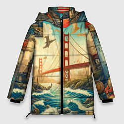 Куртка зимняя женская Мост через реку и пэчворк - нейросеть арт USA brid, цвет: 3D-красный